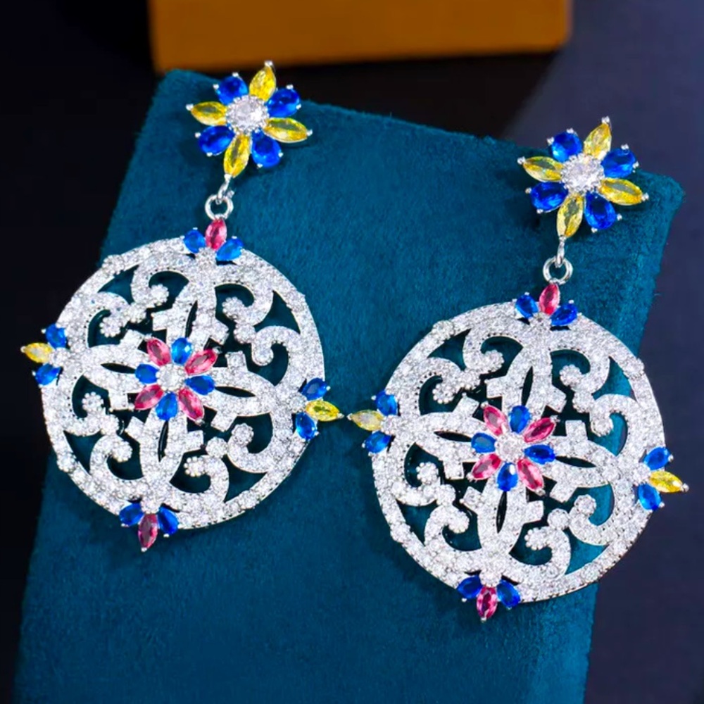 Colorful CZ Long Flower Round, Wedding, Pageant, Dangle Luxury Earrings